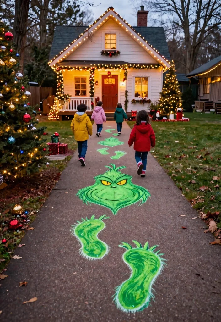 12 Grinch Outdoor Christmas Decoration Ideas Kids Spot From the Street - 5. Grinch Footprints on the Path 1