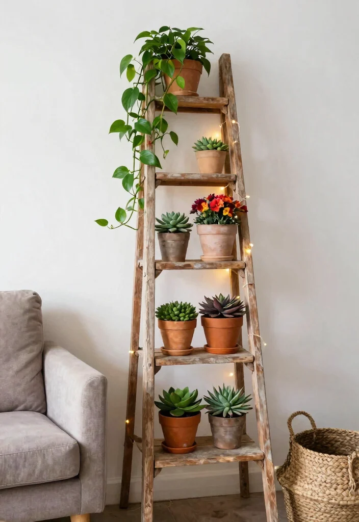 12 Indoor Plant Stand Ideas That Fit in Corners and Small Spaces - 2. Vintage Ladder Plant Stand 1