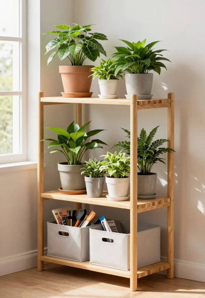 12 Indoor Plant Stand Ideas That Fit in Corners and Small Spaces - 5. Multi-Purpose Plant and Storage Stand 1