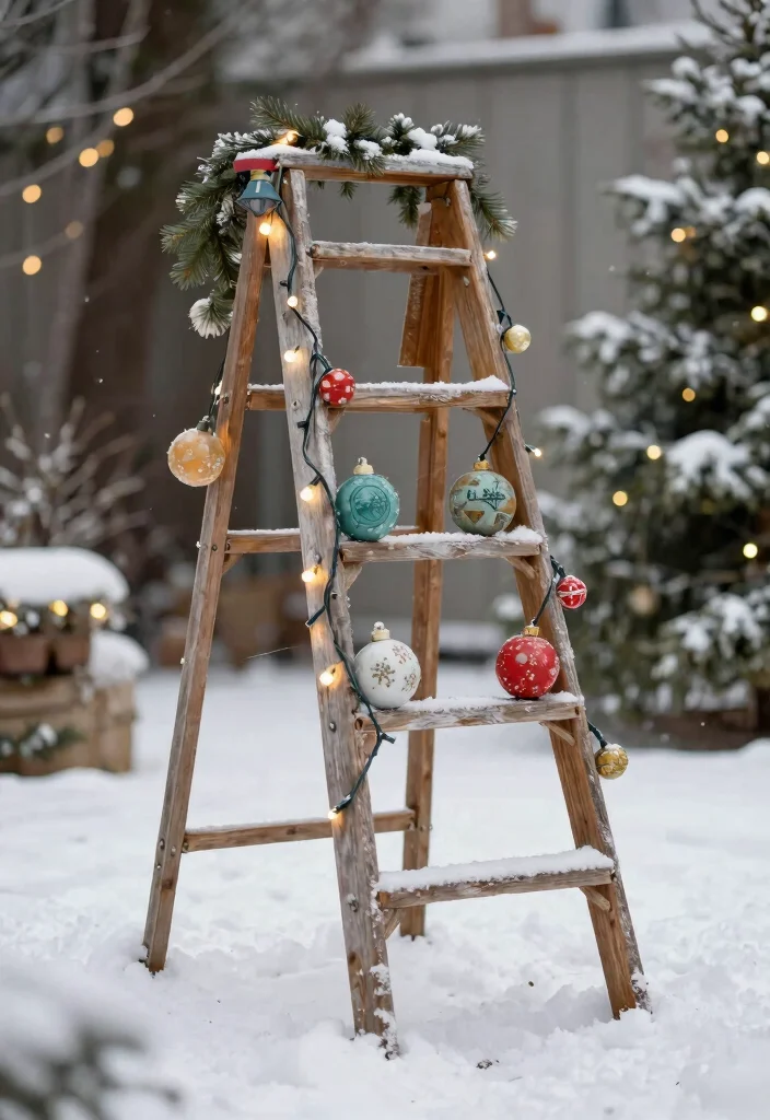 12 Outdoor Christmas Tree Ideas That Stay Lit Through Winter Storms - 3. Vintage Ladder Tree 1