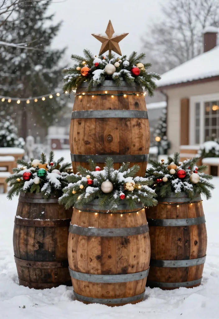 12 Outdoor Christmas Tree Ideas That Stay Lit Through Winter Storms - 8. Rustic Barrel Tree 1