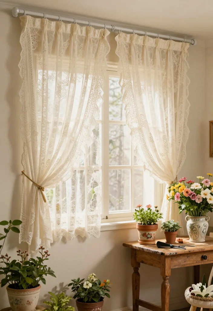 14 Ceiling Curtain Track Ideas That Hide the Hardware Completely - 8. Vintage Charm with Lace Curtains 1