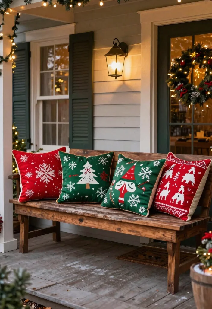 14 Christmas Decor Front Porch Ideas That Boost Curb Appeal Fast - 10. Seasonal Pillows 1