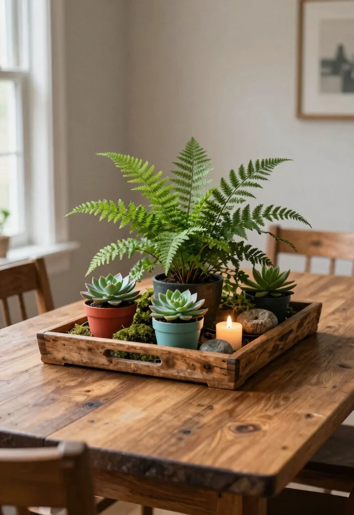 14 Farmhouse Dining Room Design Ideas on a Budget - 1. Rustic Table Centerpiece with Indoor Plants 1