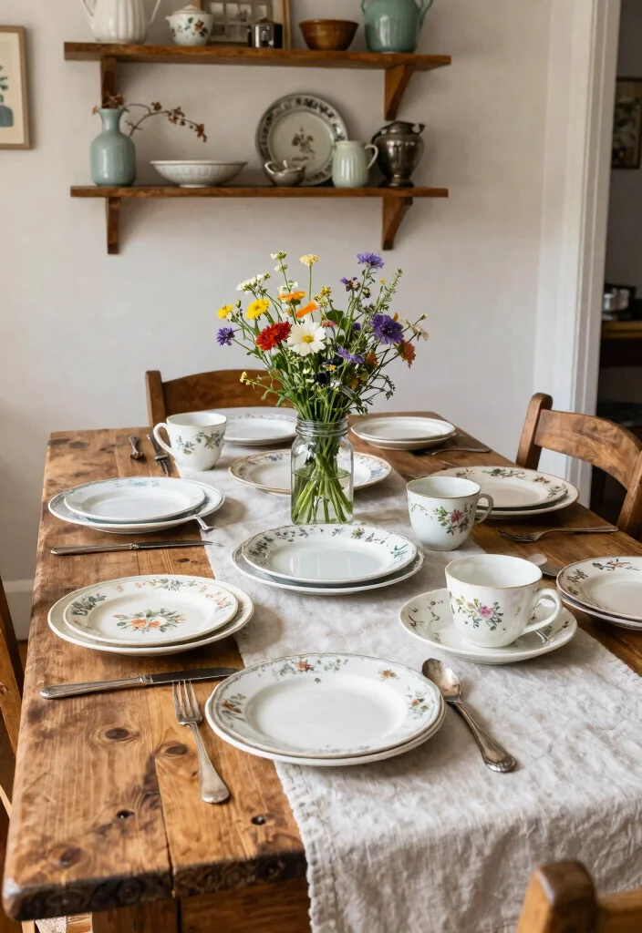 14 Farmhouse Dining Room Design Ideas on a Budget - 2. Vintage Tableware for Affordable Farmhouse Decor 1