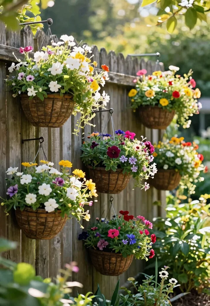 14 Outdoor Fence Decor Ideas That Survive Wind and Rain - 5. Hanging Flower Baskets 1
