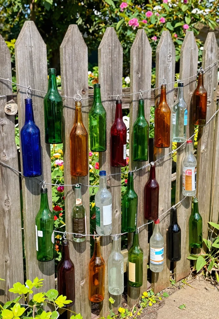 14 Outdoor Fence Decor Ideas That Survive Wind and Rain - 9. Recycled Bottle Fence Decor 1