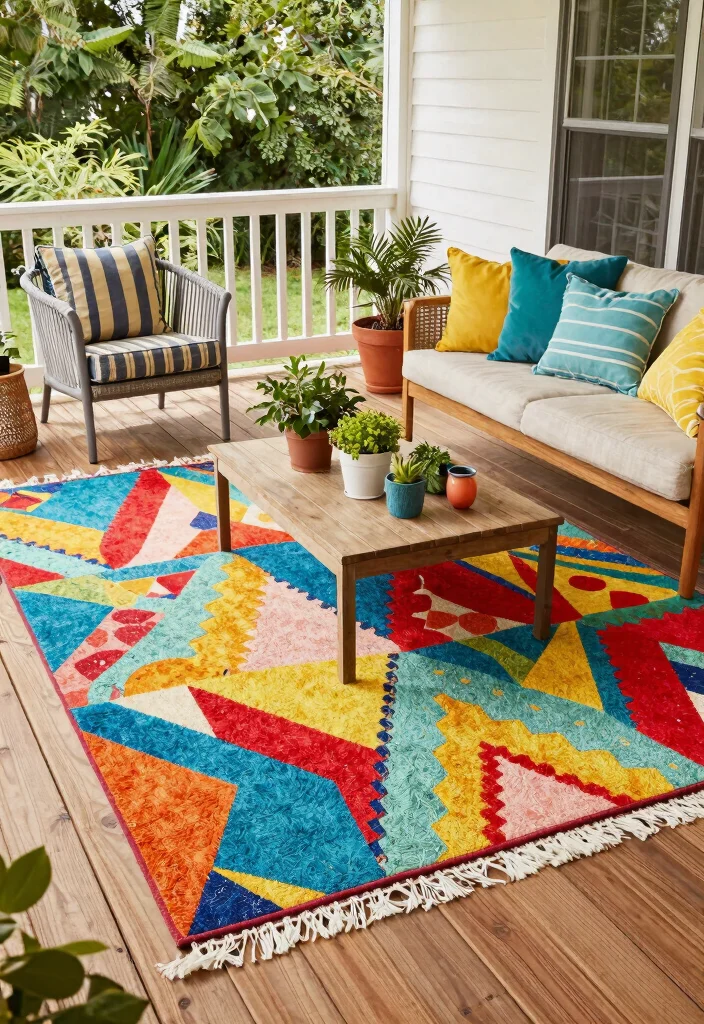 14 Screen Porch Decorating Ideas That Block Bugs and Look Inviting - 6. Colorful Outdoor Rugs 1