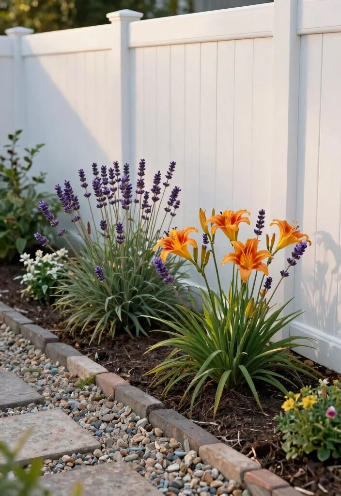 14 White Vinyl Fence Concepts That Stay Clean Without Scrubbing - 1. Create a Low-Maintenance Flower Bed 1