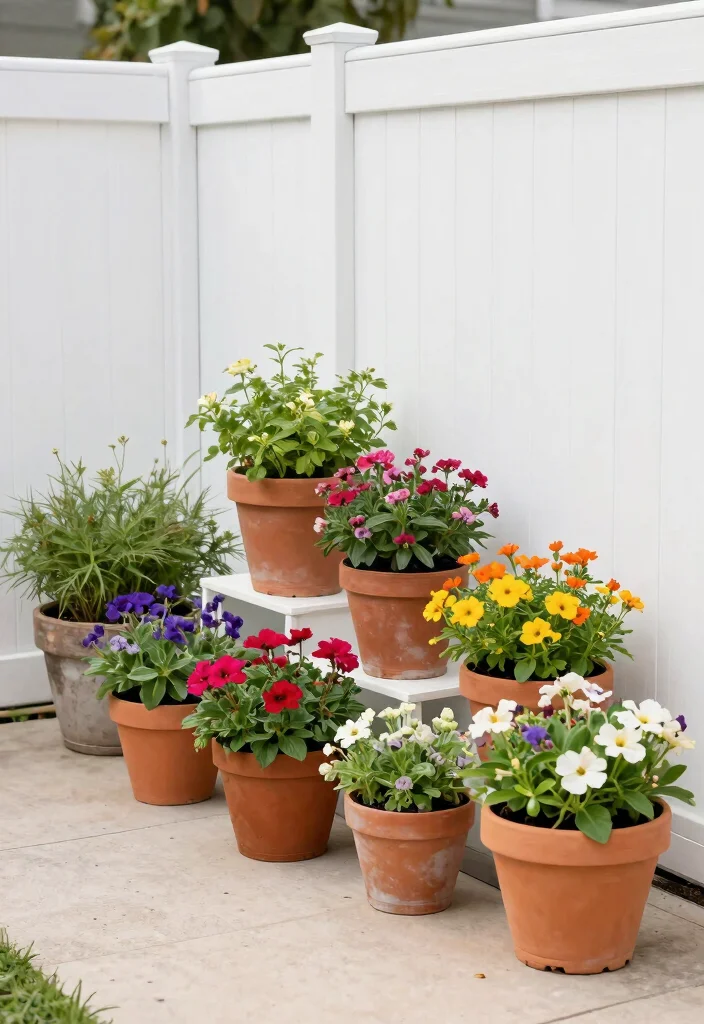 14 White Vinyl Fence Concepts That Stay Clean Without Scrubbing - 11. Utilize Container Gardening 1