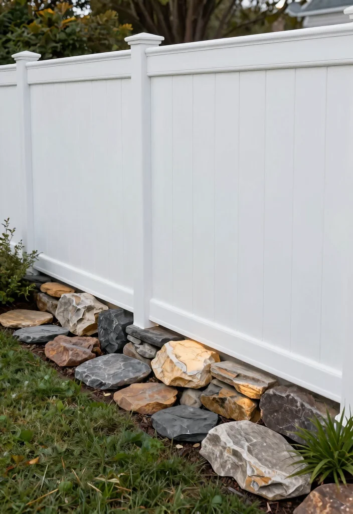 14 White Vinyl Fence Concepts That Stay Clean Without Scrubbing - 2. Use Decorative Stones for a Clean Look 1