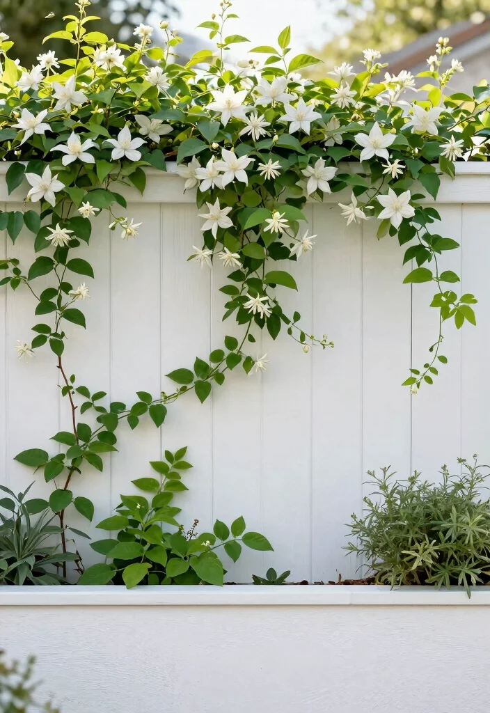 14 White Vinyl Fence Concepts That Stay Clean Without Scrubbing - 3. Incorporate Greenery with Climbing Plants 1