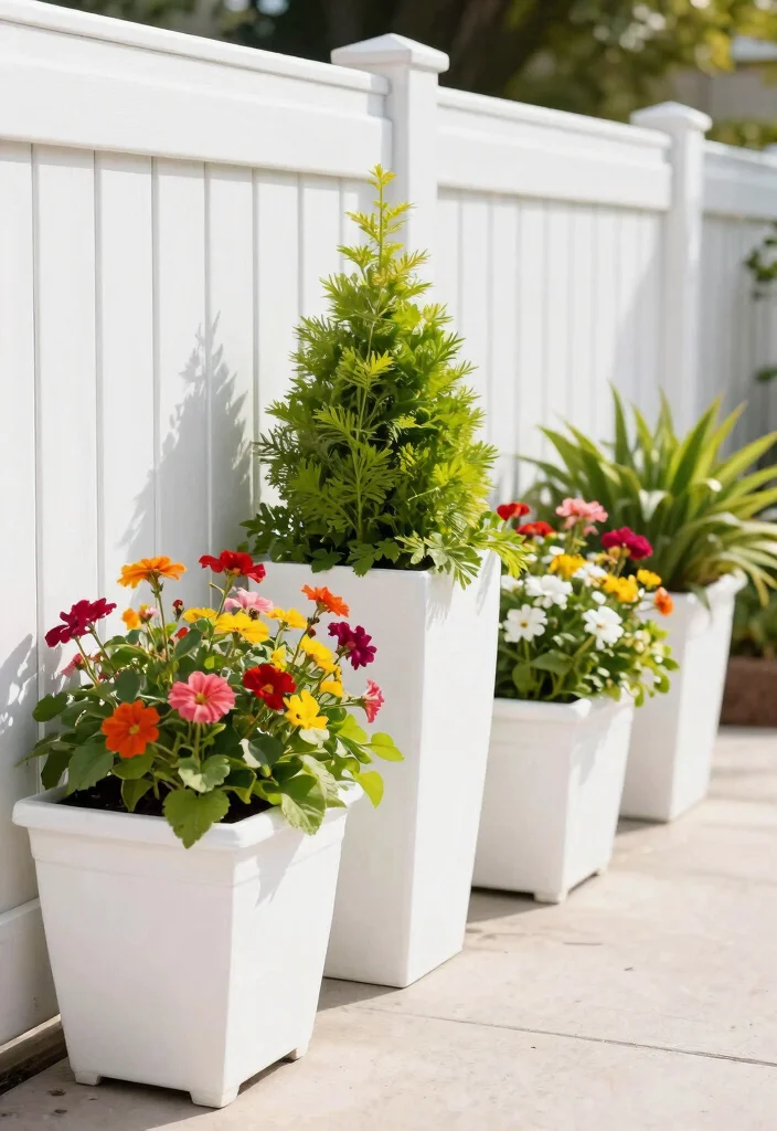14 White Vinyl Fence Concepts That Stay Clean Without Scrubbing - 5. Install Planters Along the Fence 1