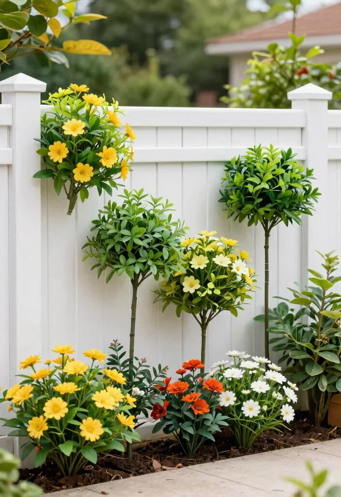 14 White Vinyl Fence Concepts That Stay Clean Without Scrubbing - 7. Choose Low-Maintenance Synthetic Plants 1