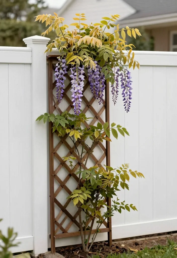 14 White Vinyl Fence Concepts That Stay Clean Without Scrubbing - 8. Use a Trellis for Added Structure 1