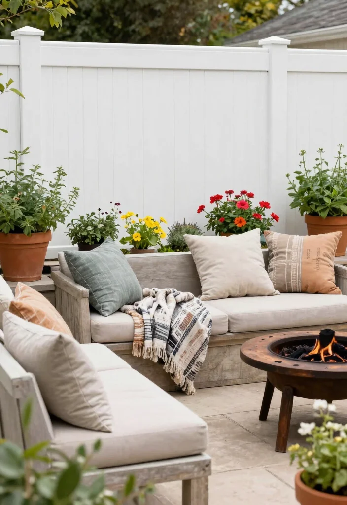 14 White Vinyl Fence Concepts That Stay Clean Without Scrubbing - 9. Create an Outdoor Living Area 1