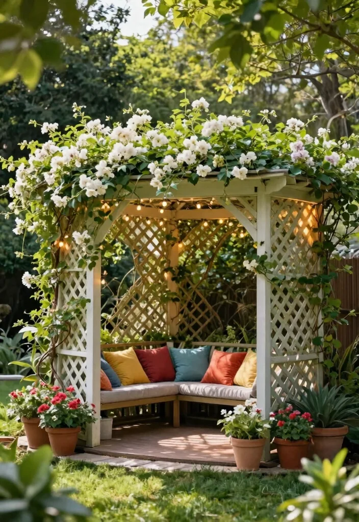 15 Corner Pergola Ideas That Make Use of Wasted Yard Space - 1. Lattice-Style Pergola with Climbing Plants 1