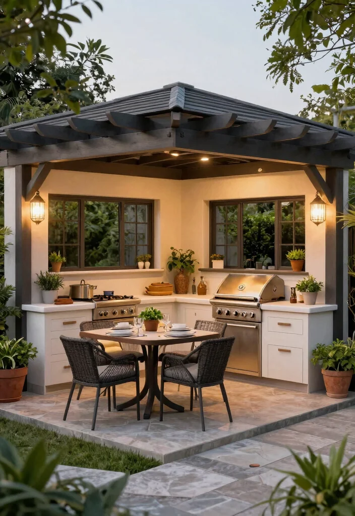 15 Corner Pergola Ideas That Make Use of Wasted Yard Space - 10. Chic Pergola with Outdoor Kitchen Elements 1