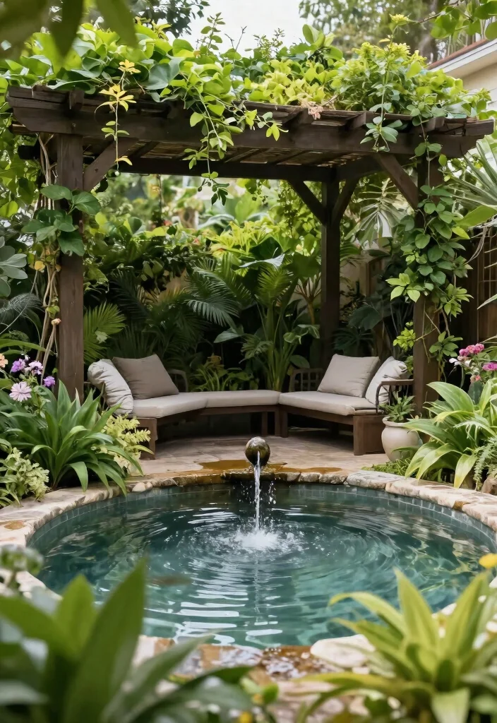 15 Corner Pergola Ideas That Make Use of Wasted Yard Space - 11. Pergola with a Water Feature 1