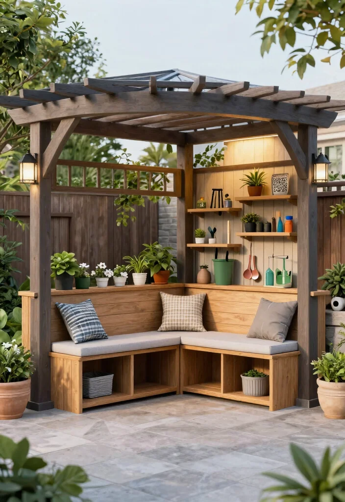 15 Corner Pergola Ideas That Make Use of Wasted Yard Space - 15. Pergola with Integrated Storage Solutions 1
