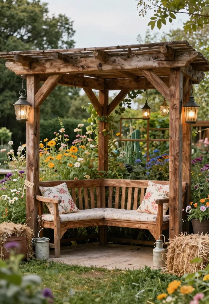 15 Corner Pergola Ideas That Make Use of Wasted Yard Space - 3. Rustic Wooden Pergola with Vintage Decor 1