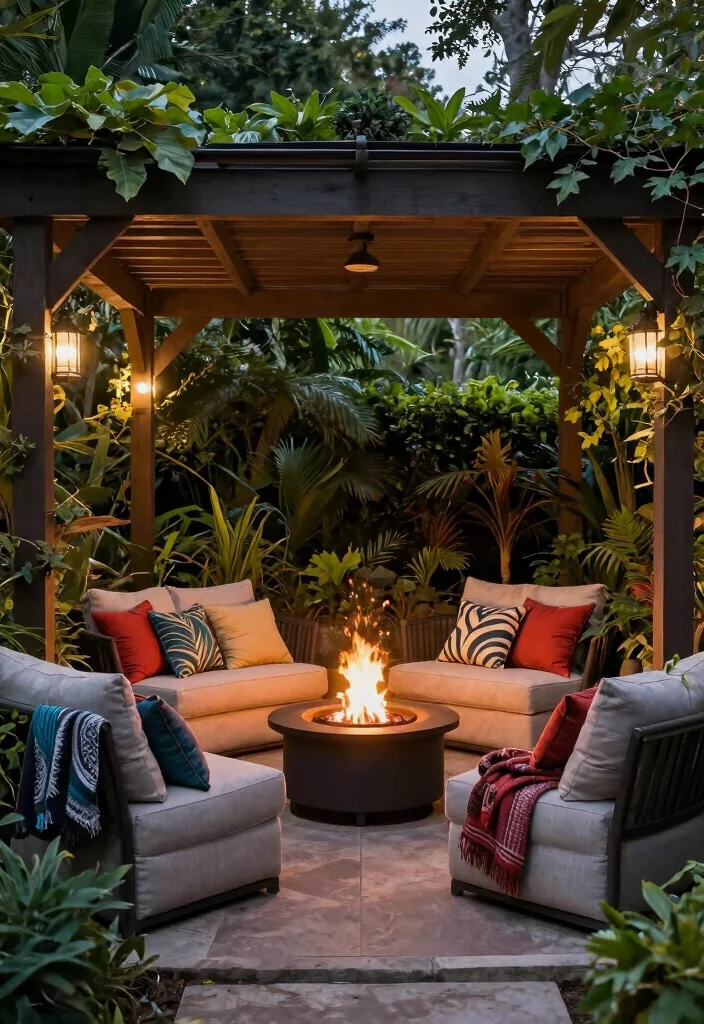 15 Corner Pergola Ideas That Make Use of Wasted Yard Space - 5. Pergola with Outdoor Seating and Fire Pit 1