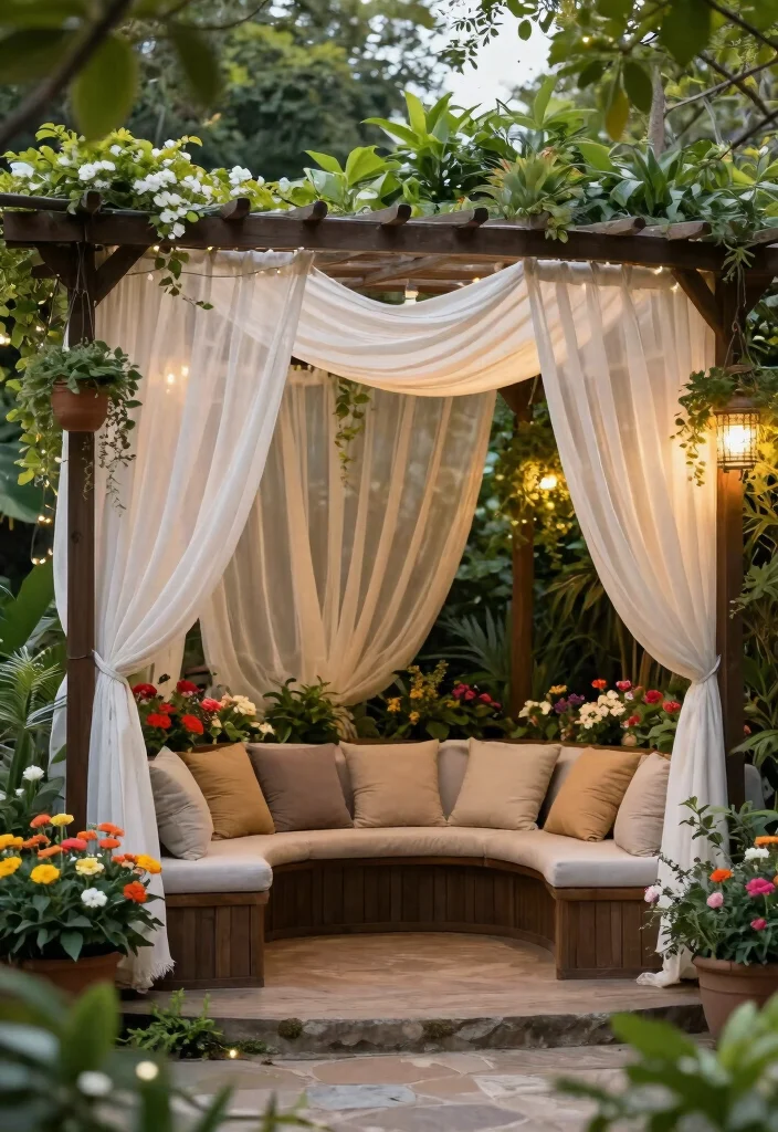 15 Corner Pergola Ideas That Make Use of Wasted Yard Space - 6. Shade-Creating Pergola with Draped Fabrics 1