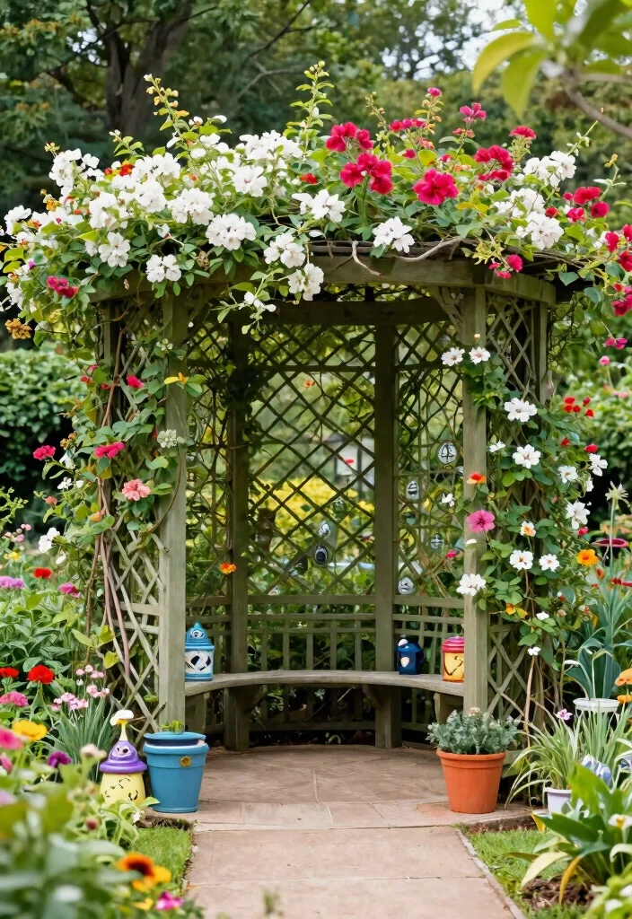 15 Corner Pergola Ideas That Make Use of Wasted Yard Space - 7. Garden Pergola with Trellis and Flowers 1