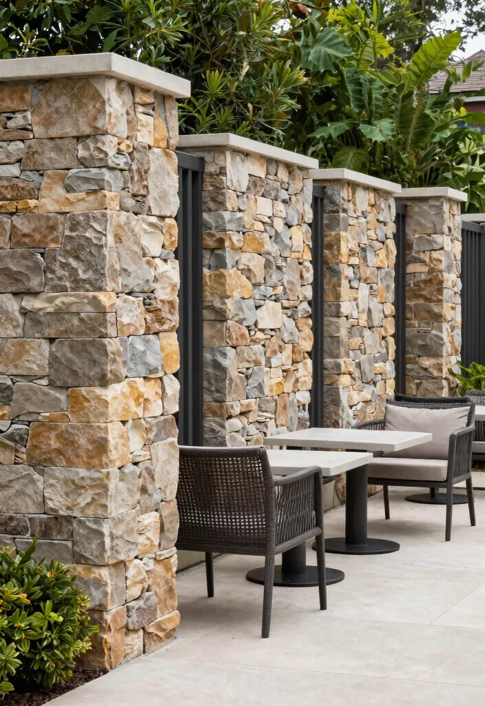 15 Patio Railing Ideas That Add Privacy Without Blocking Light - 14. Stone Panel Fencing 1