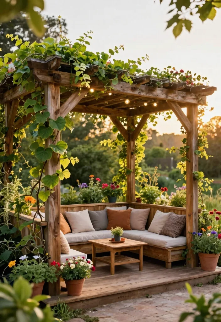 15 Terrasse mit Pergola Ideen für Schatten und Privatsphäre - 1. Rustic Wooden Pergola with Climbing Plants 1