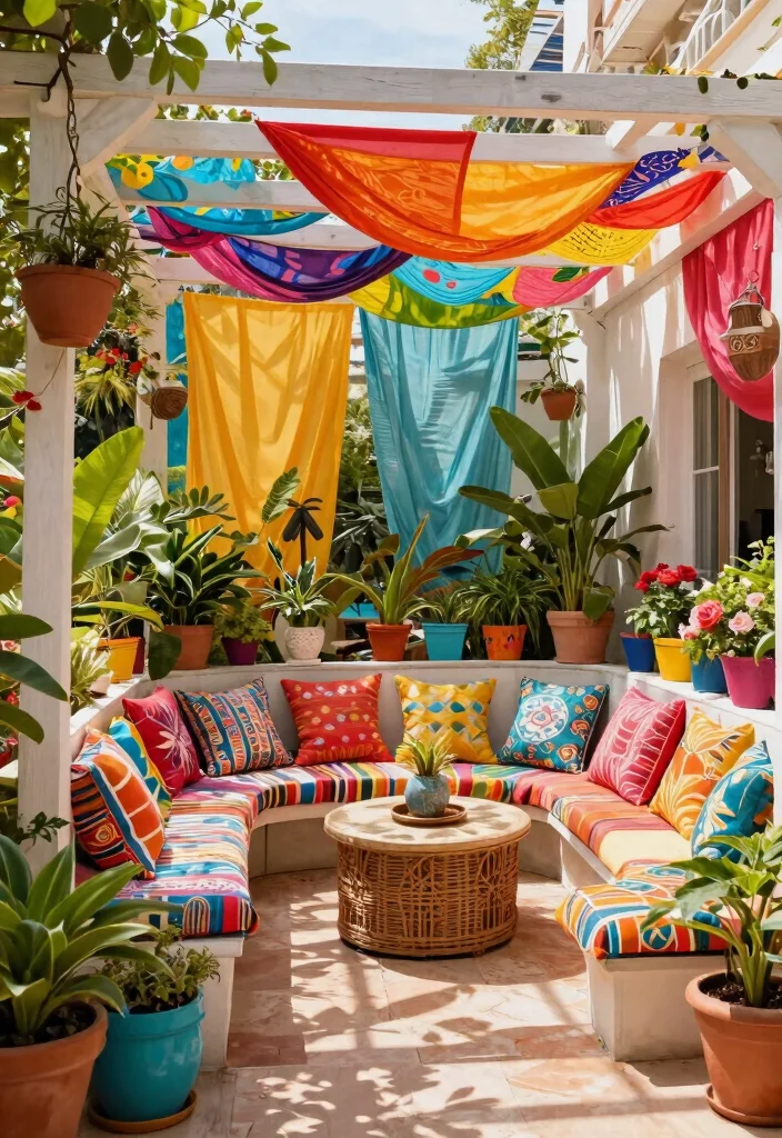 15 Terrasse mit Pergola Ideen für Schatten und Privatsphäre - 11. Colorful Pergola with Vibrant Decorations 1