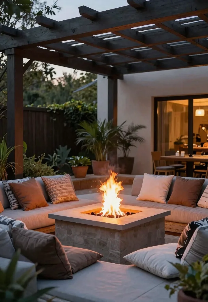 15 Terrasse mit Pergola Ideen für Schatten und Privatsphäre - 13. Pergola with a Built-in Fire Pit for Cozy Evenings 1