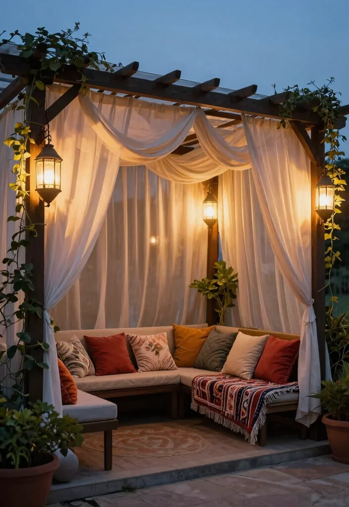 15 Terrasse mit Pergola Ideen für Schatten und Privatsphäre - 3. Vintage-Inspired Pergola with Draped Fabrics 1