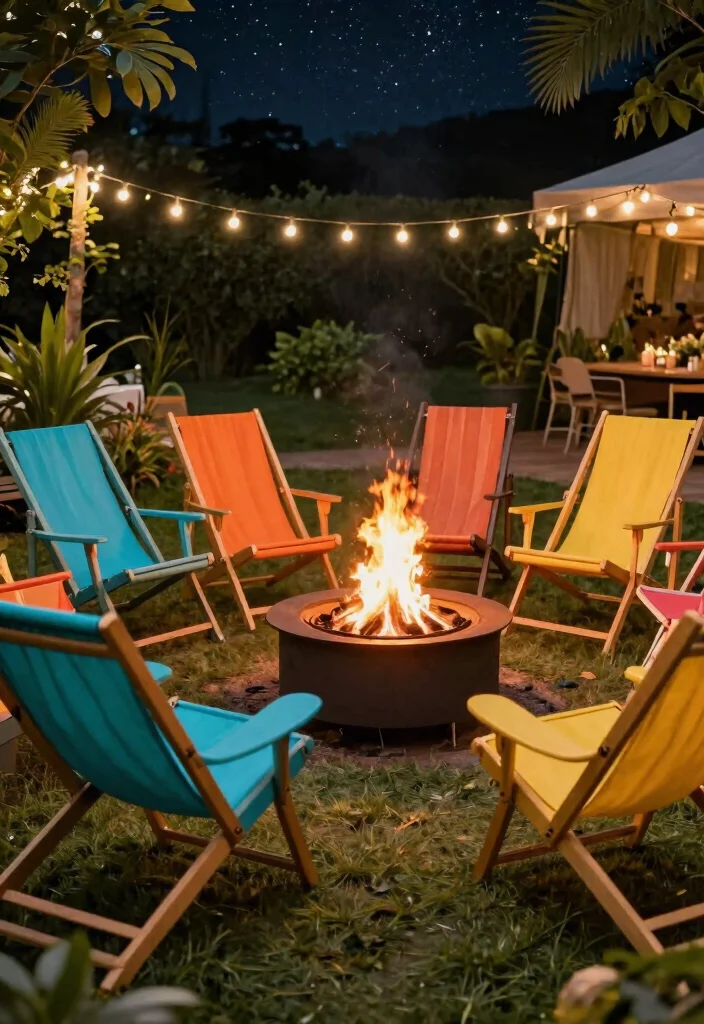18 Outdoor Fire Pit Seating Inspirations for Small Yards and Tight Budgets - 14. Colorful Deck Chairs 1