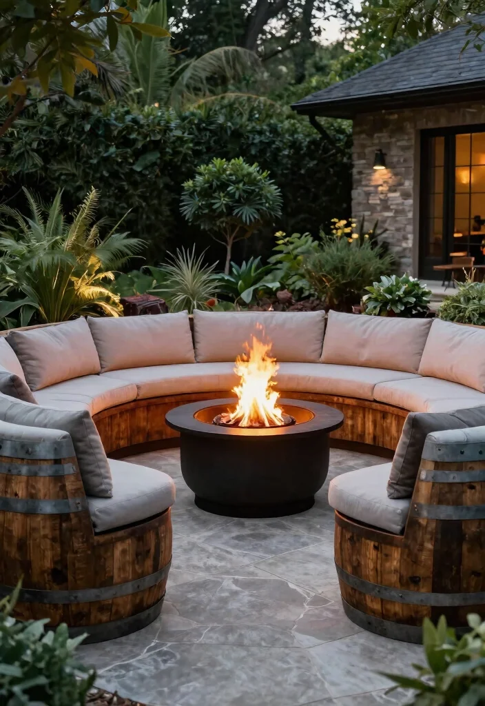 18 Outdoor Fire Pit Seating Inspirations for Small Yards and Tight Budgets - 17. Upcycled Wine Barrels 1