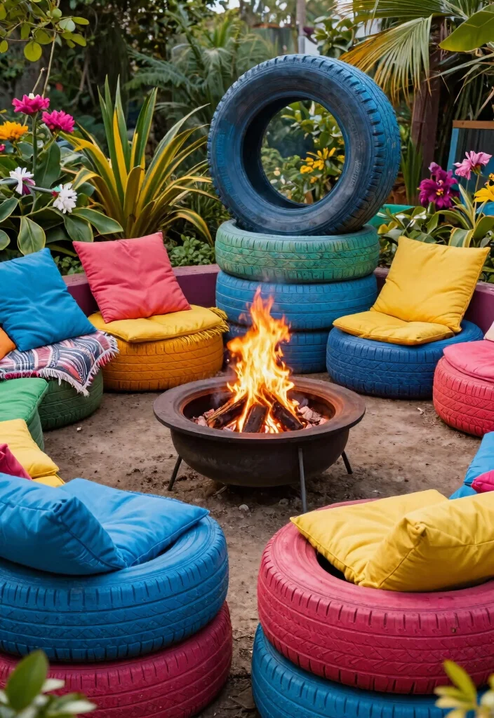 18 Outdoor Fire Pit Seating Inspirations for Small Yards and Tight Budgets - 5. Recycled Tire Seats 1