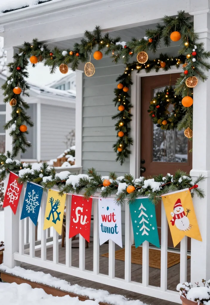 18 Winter Porch Decor Ideas That Survive Snow and Freezing Temps - 10. Seasonal Banners and Garlands 1