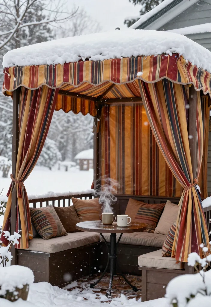 18 Winter Porch Decor Ideas That Survive Snow and Freezing Temps - 12. Warm Striped Canopy 1