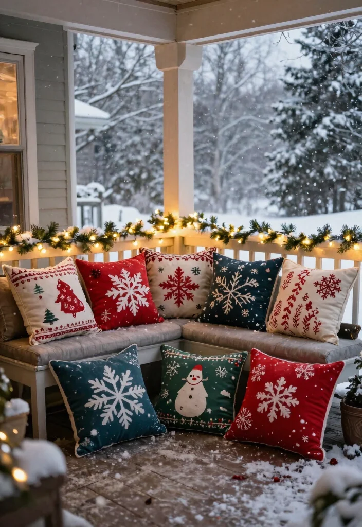 18 Winter Porch Decor Ideas That Survive Snow and Freezing Temps - 15. Seasonal Throw Pillows 1
