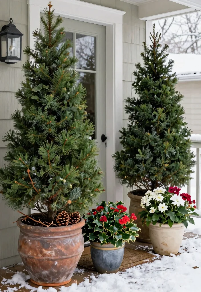 18 Winter Porch Decor Ideas That Survive Snow and Freezing Temps - 2. Evergreen Planters 1