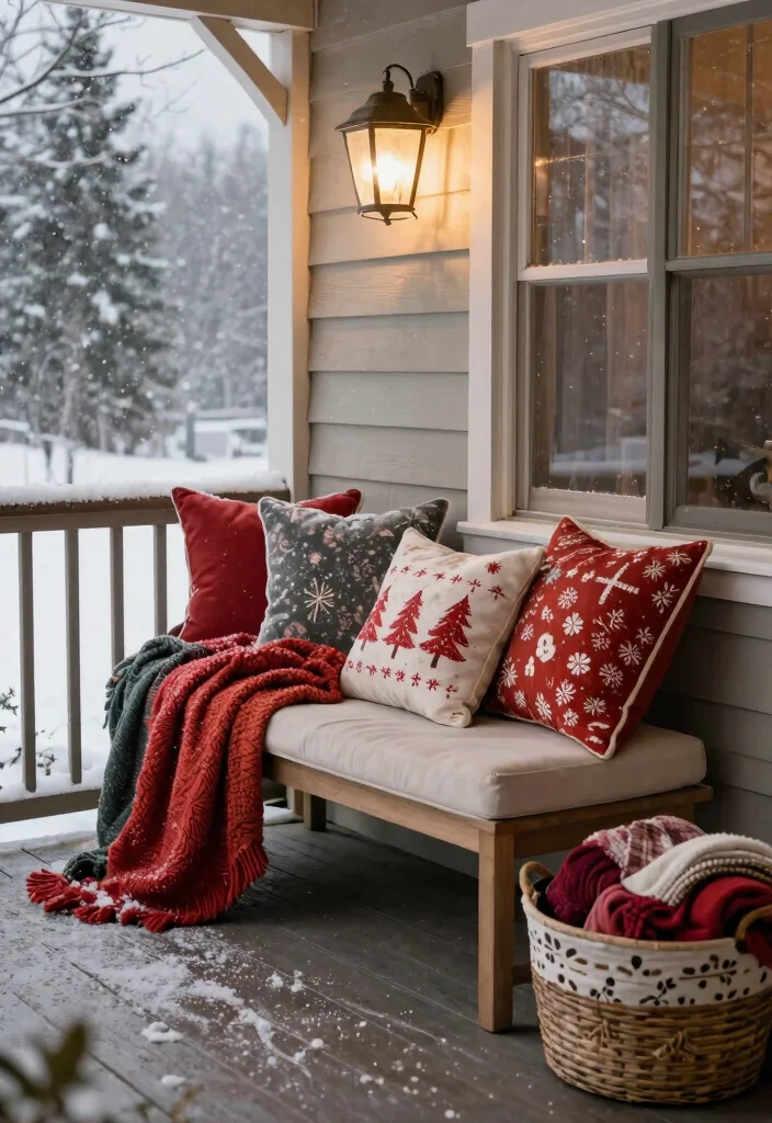 18 Winter Porch Decor Ideas That Survive Snow and Freezing Temps - 3. Cozy Blankets and Pillows 1